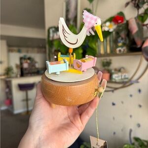 SCHMID Vintage Wooden Stork Music Box with Pink & Blue & Yellow Cradles w/ tag